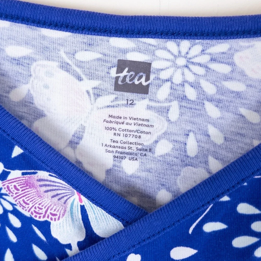Tea Collection Dress Girls 12 Blue Butterfly Floral Long Sleeve Wrap Neck Cotton